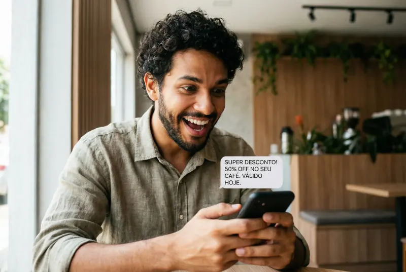 Pessoa recebendo SMS com promoção no celular