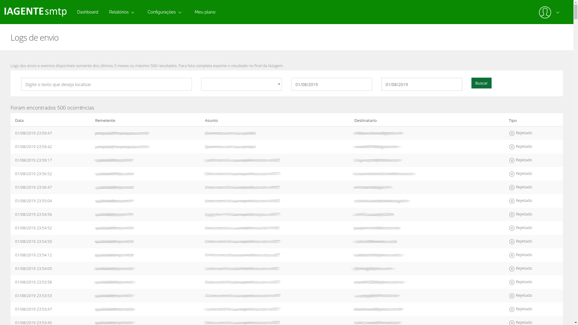 Relatório de emails rejeitados do IAGENTEsmtp